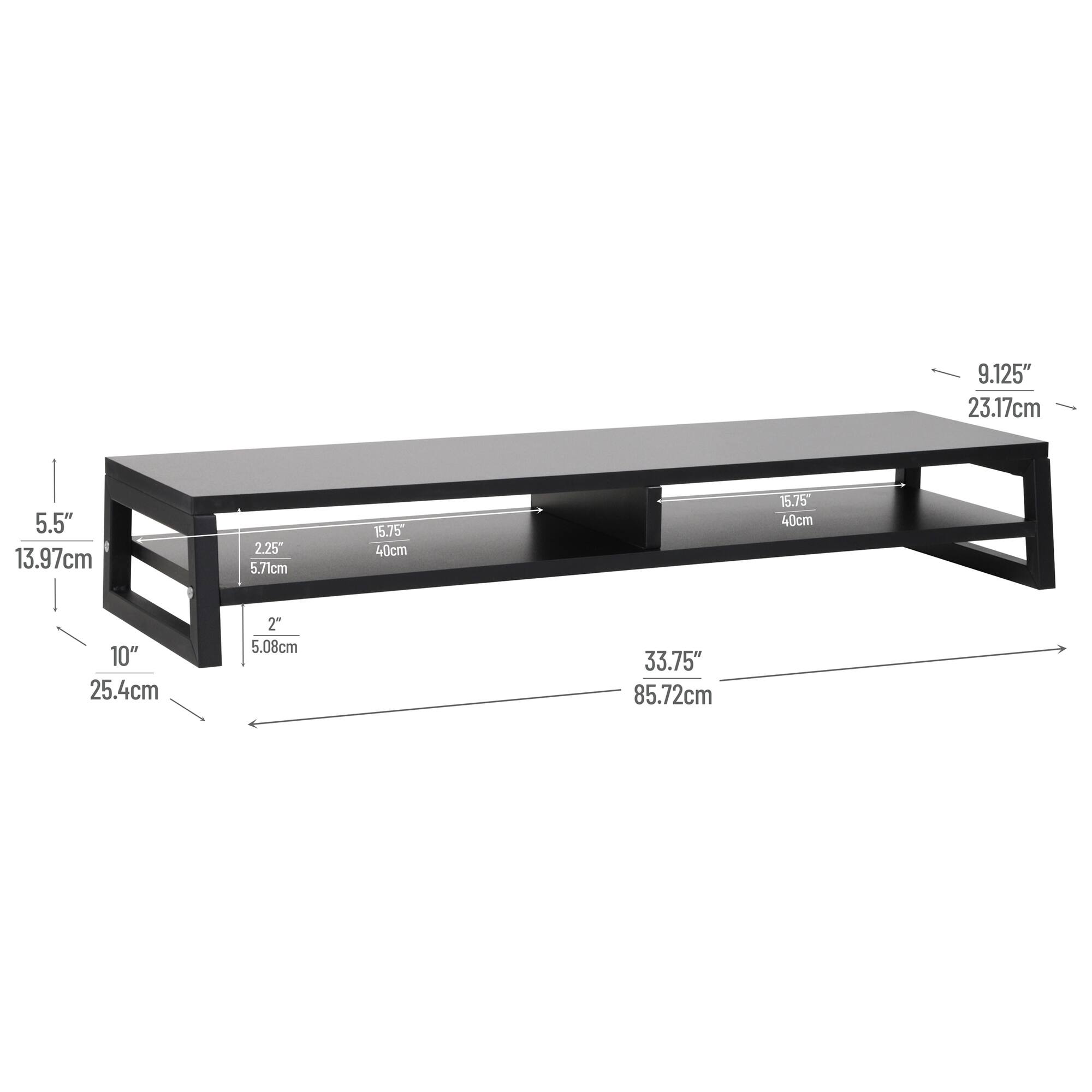 Mind Reader 2-Tier MDF Double Monitor Stand, Dual Screen Riser with Storage Shelf, 33.75 Inch Wide, 88 lb Capacity, Black